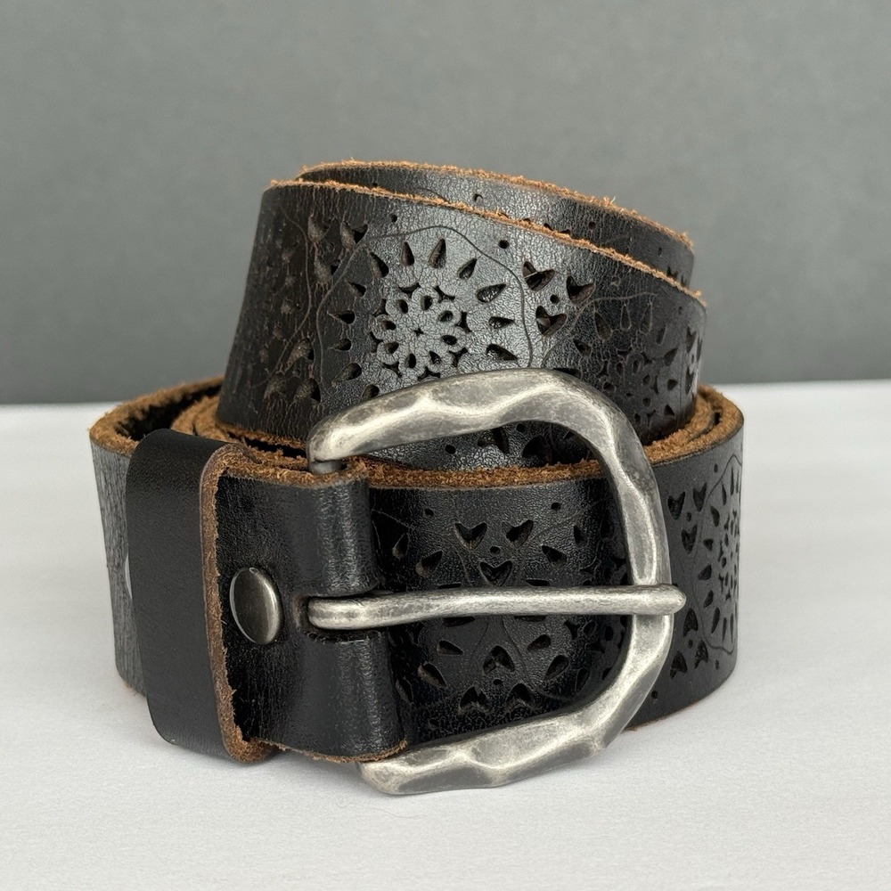 Lucky Brand Black Leather Laser Cut Floral Cutout Belt Boho Western Women's Sz L - Picture 1 of 9